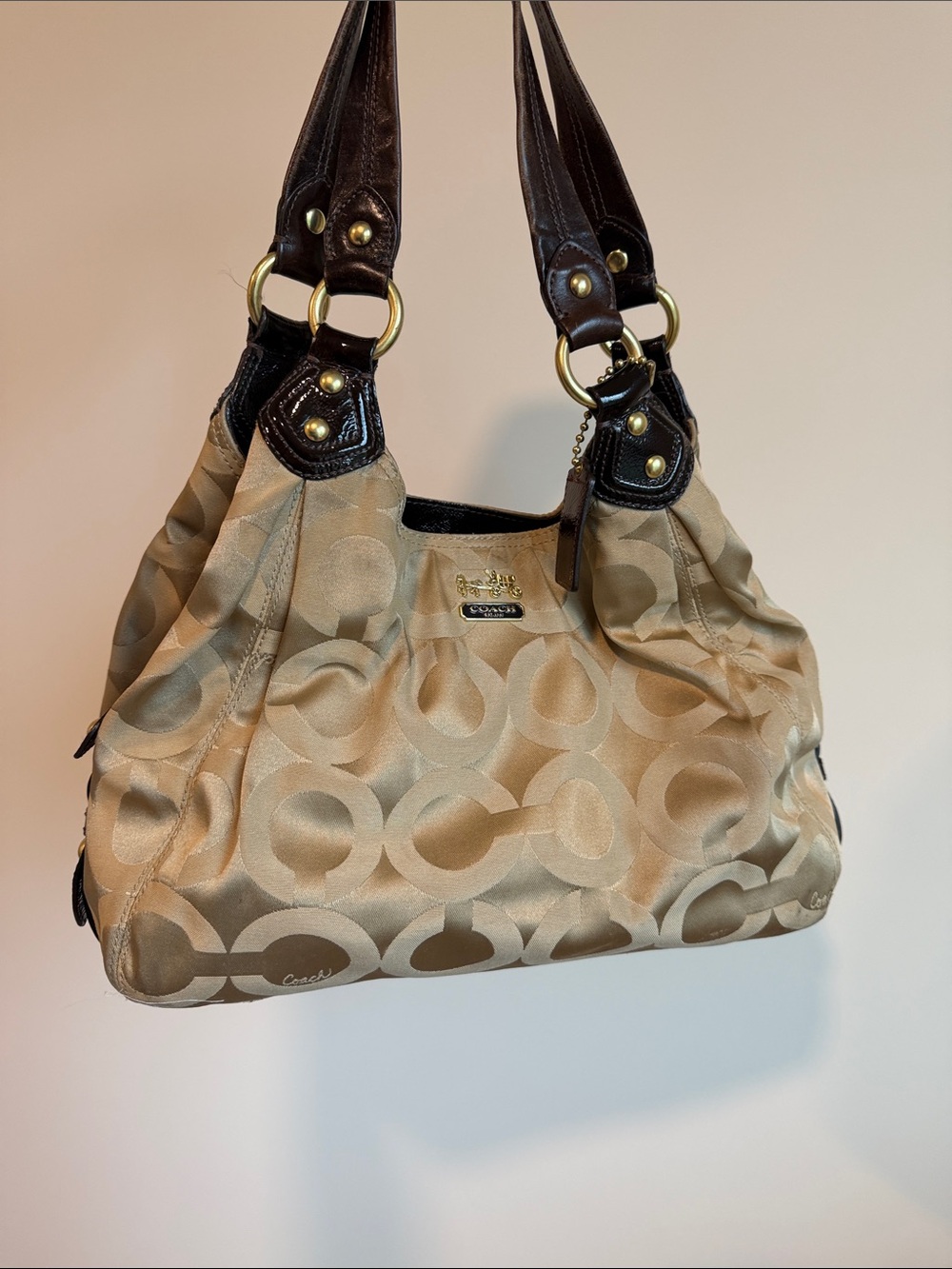 Coach Tan Signature Canvas Shoulder Bag with Dark Brown Trim - Picture 2 of 8